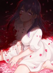  artist_name banned_artist bare_legs barefoot black_ribbon blood blood_on_arm blood_on_face bloody_clothes bloody_hair breasts buttons cherry_blossoms dress fate/stay_night fate_(series) female floating_hair from_above glowing glowing_eyes hair_between_eyes hair_ribbon large_breasts long_hair looking_at_viewer matou_sakura orii_(orii_i) parted_lips purple_eyes purple_hair red_ribbon rei_no_himo ribbon shadow shiny shiny_hair short_dress short_sleeves sitting solo stained_clothes sundress sunglasses wariza white_background white_dress 