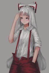  arm_up baggy_pants bow closed_mouth collared_shirt commentary_request female fjsmu fujiwara_no_mokou grey_background hairbow hand_in_pocket highres long_hair long_sleeves looking_up pants red_eyes red_pants shirt sidelocks simple_background sleeves_pushed_up solo standing suspenders touhou very_long_hair white_bow white_hair white_shirt 