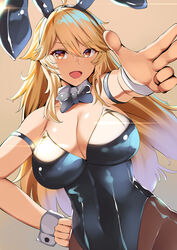  animal_ears bangs banned_artist bare_shoulders belko black_leotard black_neckwear blonde_hair blush bow bowtie breasts brown_eyes brown_legwear bunny_ears bunnysuit cleavage covered_navel detached_collar female hair_between_eyes hand_on_hip highleg highleg_leotard highres large_breasts leotard long_hair looking_at_viewer open_mouth original pantyhose pointing pointing_at_viewer shiny shiny_clothes smile wrist_cuffs 