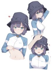  1other ^^^ black_hair black_headwear blue_archive blush breasts bucket_hat closed_mouth cropped_torso female frown gmi_(jimmyovob) green_eyes hat headpat heart highres long_sleeves looking_at_viewer medium_breasts multiple_views navel open_mouth rash_guard saki_(blue_archive) saki_(swimsuit)_(blue_archive) short_hair sidelocks simple_background upper_body white_background 