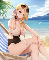  azur_lane bare_shoulders beach bird black_one-piece_swimsuit blonde_hair blue_eyes blue_sky blush breasts chick cleavage closed_mouth collarbone commentary covered_navel crossed_legs day earrings eyewear_on_head female hair_over_shoulder highres hood_(azur_lane) hood_(lady_of_the_shining_sun)_(azur_lane) jewelry large_breasts long_hair looking_at_viewer low_ponytail manjuu_(azur_lane) multicolored_clothes multicolored_swimsuit ocean official_alternate_costume one-piece_swimsuit outdoors photoshop_(medium) sitting sky smile sunglasses swimsuit thighs wei_xiao white_one-piece_swimsuit 