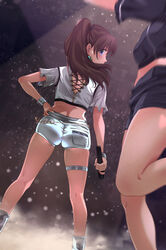  2girls absurdres ass bad_id bad_pixiv_id blue_eyes bracelet brown_hair dutch_angle earrings from_behind hanamasa_ono highres holding holding_microphone idolmaster idolmaster_million_live! jewelry kneepits long_hair looking_back microphone midriff multiple_girls ponytail profile satake_minako short_shorts shorts solo_focus thigh_strap yokoyama_nao 