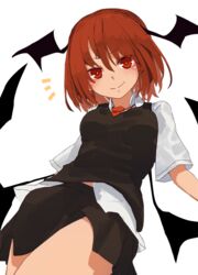  &gt;:) alternate_hair_length alternate_hairstyle bat_wings blush breasts bright_pupils collared_shirt dress_shirt female from_below futatsuki_eru head_wings koakuma looking_at_viewer low_wings medium_breasts midriff_peek necktie red_eyes red_hair red_necktie shirt short_hair short_sleeves simple_background skirt skirt_set smile solo touhou untucked_shirt v-shaped_eyebrows vest white_background white_pupils white_shirt wings 