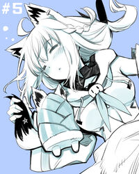  ahoge animal_ears bamboo_shoot blanket blue_background blush braid breasts closed_mouth collarbone commentary_request earrings female fox_ears fox_girl fox_tail hair_between_eyes holding_own_tail hololive hood hoodie jewelry kurose_kousuke long_hair lying mascot monochrome neckerchief on_back open_mouth oruyanke_(shirakami_fubuki) pentagram shirakami_fubuki shirakami_fubuki_(1st_costume) sidelocks simple_background single_braid sleeping small_breasts solo spot_color tail virtual_youtuber 