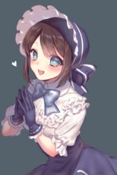  :d ai_(blacktea_milk) black_gloves blue_eyes blue_gloves blue_hat blush bonnet bow brown_hair commentary_request dress emma_woods emma_woods_(boudoir_dream) female fingers_together frills gloves hat heart highres identity_v looking_at_viewer lower_teeth_only official_alternate_costume open_mouth own_hands_together ribbon short_hair short_sleeves simple_background skirt smile solo teeth 