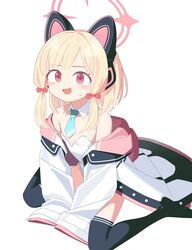  :3 animal_ear_headphones animal_ears aqua_necktie arm_support black_thighhighs blonde_hair blue_archive blush bow cat_ear_headphones coat commentary detached_collar dot_nose fake_animal_ears female flat_chest hairbow halo headphones highres hood hooded_coat leotard long_sleeves looking_at_viewer mabera momoi_(blue_archive) necktie no_shoes on_floor open_mouth oversized_clothes red_bow red_eyes short_hair simple_background sitting sleeves_past_fingers sleeves_past_wrists solo sweatdrop thighhighs thighs wariza white_background white_coat white_leotard 