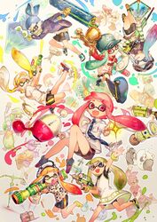  1boy 6+girls aqua_hair bad_id bad_pixiv_id bangs black_shirt black_shorts blonde_hair blue_eyes blue_hair blue_headwear blue_jacket blue_necktie callie_(splatoon) dress fangs green_eyes green_hair hand_up hat hat_removed headwear_removed holding holding_water_gun ink inkling jacket judd_(splatoon) legs_together long_hair long_sleeves looking_at_viewer looking_up marie_(splatoon) multiple_girls namie-kun necktie one_eye_closed open_clothes open_jacket open_mouth orange_eyes orange_hair pink_eyes pink_hair purple_hair reaching_out red_shirt shirt shoes short_hair short_shorts short_sleeves shorts smile splatoon_(series) splatoon_1 tentacle_hair tied_hair upside-down water_gun waving white_background white_dress white_shirt yellow_eyes 