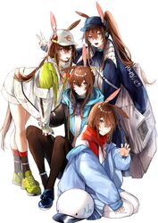  4girls absurdres amiya_(arknights) amiya_(fresh_fastener)_(arknights) amiya_(newsgirl)_(arknights) amiya_(planter)_(arknights) animal_ears anklet arknights ascot bag baseball_cap black_jacket black_legwear blue_coat blue_eyes blue_footwear blue_jacket blue_skirt brown_hair chinese_commentary claw_pose coat collared_jacket collared_shirt commentary green_footwear hand_grab hat headphones helmet highres hood hooded_jacket jacket jacket_partially_removed jewelry long_hair looking_at_viewer mailman multiple_girls multiple_persona neckerchief newspaper orange_neckerchief oversized_clothes pantyhose pendant pleated_skirt ponytail rabbit_ears red_scarf satchel scarf seiza shirt shoes sidelocks sitting skirt smile sneakers socks tongue tongue_out uniform unworn_headwear unworn_helmet v very_long_hair white_background white_jacket white_legwear white_skirt zang_shih 