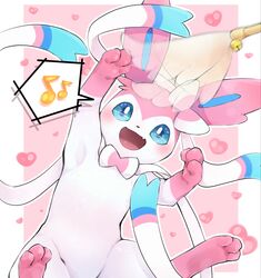  blue_eyes blush cat_teaser commentary_request heart highres ka_ei_volltis musical_note no_humans oerba_yun_fang open_mouth outline pokemon pokemon_(creature) prehensile_ribbon skin_fang smile solo spoken_musical_note sylveon toes tongue 