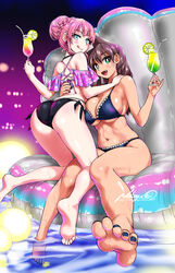  2girls :d amano_megumi amano_megumi_wa_suki_darake! artist_name ass barefoot bikini black_bikini black_nails blue_eyes blush braid breasts brown_hair cleavage closed_mouth cocktail_glass cup drinking_glass earrings feet foreshortening french_braid fujishiro_yukino green_eyes hair_between_eyes hair_bun highres holding holding_cup inflatable_raft jewelry kneeling large_breasts legs long_hair looking_at_viewer multiple_girls nail_polish navel nekoguchi night oerba_yun_fang official_art open_mouth pink_hair pool shiny_skin side-tie_bikini_bottom signature sitting smile soles stomach swimsuit tan thighs toenail_polish toenails toes tongue tongue_out water wet 