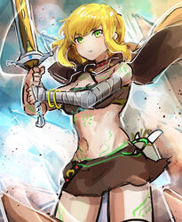  alternate_costume arm_tattoo bandaged_arm bandages bare_shoulders black_choker blonde_hair bracelet breasts brown_cape brown_skirt brown_tube_top cape chest_tattoo choker cleavage commentary_request commission duel_monster female green_eyes groin hatano_kiyoshi highres holding holding_sword holding_weapon jewelry leg_tattoo looking_at_viewer medium_breasts midriff miniskirt navel parted_lips partial_commentary pixiv_commission rookie_warrior_lady short_hair_with_long_locks sidelocks skirt solo standing stomach_tattoo strapless sword tattoo tube_top weapon yu-gi-oh! 