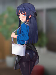  ass bag black_hair black_pantyhose black_skirt blue_dress blue_eyes blurry depth_of_field dress female from_behind hair_intakes idolmaster idolmaster_million_live! idolmaster_million_live!_theater_days indoors long_hair looking_at_viewer mogami_shizuka panties panties_under_pantyhose pantyhose skirt skirt_caught_on_object solo standing underwear wardrobe_malfunction yahankkwo 