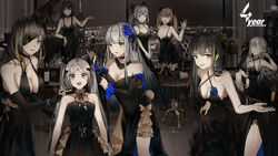  6+girls ak-12_(girls&#039;_frontline) bare_shoulders black_dress black_hair black_ribbon bottle braid breasts brown_eyes brown_hair choker cityscape cleavage closed_eyes closed_mouth cocktail_dress collarbone commentary_request core_(girls&#039;_frontline) cup dandelion_(girls&#039;_frontline) dress drink drinking_glass earrings elisa_(girls&#039;_frontline) eyepatch facial_mark girls&#039;_frontline green_eyes green_hair grey_hair hair_between_eyes hair_ornament hair_ribbon highres hk416_(girls&#039;_frontline) holding instrument jewelry long_hair m16a1_(girls&#039;_frontline) m4a1_(girls&#039;_frontline) multicolored_hair multiple_girls night one_eye_closed open_mouth photoshop_(medium) piano reflection ribbon sangvis_ferri scar scar_across_eye scar_on_face smile streaked_hair true_core_mask_(girls&#039;_frontline) twintails ump45_(girls&#039;_frontline) ump9_(girls&#039;_frontline) wine_bottle yellow_eyes yuuki_mix 