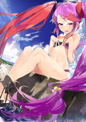  absurdres aida_(chinhung0612) bare_arms bare_legs bare_shoulders bikini blush collarbone day dutch_angle female hair_ornament hairclip hands_on_own_chest heterochromia highres long_hair misaki_(princess_connect!) misaki_(summer)_(princess_connect!) multicolored_hair ocean open_mouth outdoors princess_connect! purple_eyes purple_hair red_eyes red_hair sitting sky solo swimsuit twintails two-tone_bikini two-tone_hair very_long_hair water 