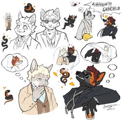  1:1 alternate_species angel anthro aziraphale canid canine canis crowley_(good_omens) demon derckrey english_text feral fox furrification good_omens heart_symbol hi_res lagomorph leporid male mammal rabbit reptile scalie signature snake text wolf 