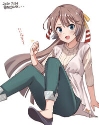  :d alternate_costume bad_id bad_twitter_id black_footwear blue_eyes brown_hair casual clenched_hand dated female foot_out_of_frame green_pants hair_ribbon high_heels highres kantai_collection kazagumo_(kancolle) long_hair looking_at_viewer meguru_(megurunn) one-hour_drawing_challenge open_mouth pants ponytail pumps ribbed_sweater ribbon simple_background sitting smile solo sweater twitter_username white_background white_sweater 