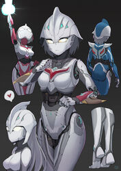  5girls absurdres android arm_blade ass barefoot blue_skin breasts closed_mouth colored_sclera colored_skin commentary_request energy_beam genderswap_(mtf) grey_background grey_hair grey_skin heart helmet highres joints lan_mao_akko legs long_hair looking_at_viewer medium_breasts multiple_girls multiple_views no_mouth red_skin robot robot_girl robot_joints rule_63 short_hair spoken_heart standing tiptoes tokusatsu ultra_series ultraman_nexus ultraman_nexus_(series) ultraman_nexus_anphans ultraman_nexus_junis ultraman_nexus_junis_blue weapon yellow_eyes yellow_sclera 