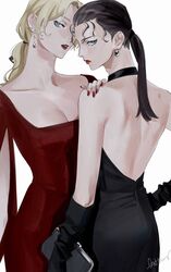  2girls ass backless_dress backless_outfit bare_back bare_shoulders black_gloves black_hair blonde_hair blue_eyes breasts choker cleavage closed_mouth cocktail_dress cowboy_shot dress earrings formal gloves hair_pulled_back hand_on_another&#039;s_shoulder hand_on_own_hip head_tilt highres holding jewelry lipstick long_hair long_sleeves looking_at_viewer makeup meitantei_conan mizunashi_rena multiple_girls nail_polish parted_bangs parted_lips ponytail profile red_dress red_lips red_nails roru_(lol_dessin) simple_background strapless strapless_dress vermouth_(meitantei_conan) wavy_hair white_background 