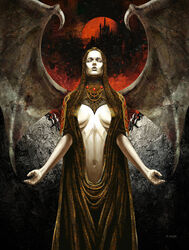  1girls artistic bare_midriff bat_wings big_breasts breasts busty cape carmilla_(castlevania) castle castlevania castlevania:_lords_of_shadow cleavage cloak clothed clothing demon_wings detailed_background dress facing_viewer female female_only fernando_mata_v&aacute;zquez fit fit_female front_view hood inner_sideboob large_breasts looking_up midriff monster_girl moon pale-skinned_female pale_skin robe robes sideboob sole_female solo toned toned_female vampire voluptuous wings yellow_eyes 