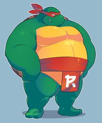  2017 anthro bandana belly big_belly biped blue_background clothing colored digital_drawing_(artwork) digital_media_(artwork) featureless_crotch green_body green_scales greenendorf kerchief male musclegut muscular overweight overweight_anthro overweight_male raphael_(tmnt) red_clothing reptile scales scalie shaded shell simple_background smile solo teenage_mutant_ninja_turtles turtle white_eyes yellow_body yellow_scales 