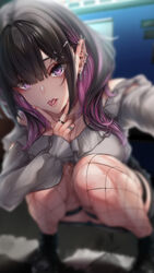  bad_id bad_pixiv_id black_footwear black_hair breasts collar colored_inner_hair commentary_request cross_hair_ornament ear_piercing earrings eyes_visible_through_hair female fishnet_thighhighs fishnets frilled_shirt frills grey_shirt hair_ornament hand_on_own_chin hand_up highres hoop_earrings jewelry jirai_kei kurofude_anna large_breasts long_hair long_sleeves looking_at_viewer multicolored_hair nail_polish off-shoulder_shirt off_shoulder original outstretched_arm paid_reward_available piercing pink_collar purple_eyes purple_hair red_nails ring shirt solo spiked_ear_piercing squatting thighhighs tongue tongue_out tongue_piercing two-tone_hair 