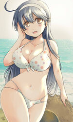  ahoge beach bikini blue_hair blush breasts brown_eyes cleavage dated day female hair_between_eyes hairband hat holding holding_clothes holding_hat kantai_collection large_breasts long_hair looking_at_viewer matsuura@parao open_mouth outdoors polka_dot polka_dot_bikini signature solo swimsuit unworn_hat unworn_headwear ushio_(kancolle) very_long_hair white_hairband 