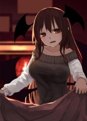  :o alternate_costume backlighting bare_shoulders bat_wings blanket blurry blush breasts bright_pupils collarbone commentary depth_of_field female fire fireplace futatsuki_eru hair_between_eyes head_tilt head_wings holding holding_blanket koakuma large_breasts long_hair looking_at_viewer low_wings oerba_yun_fang pointy_ears red_eyes red_hair sweater touhou very_long_hair white_pupils wings 