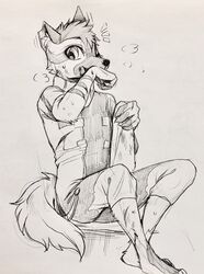  5_toes anthro aseer bodily_fluids canid canine canis clothed clothing domestic_dog feet german_shepherd herding_dog male mammal pastoral_dog paws scar sitting solo swaybat sweat toes traditional_media_(artwork) wiping_mouth 