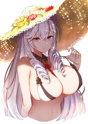  absurdres algerie_(azur_lane) algerie_(white_sand_paradise)_(azur_lane) azur_lane between_breasts bikini blush breasts brown_bikini cleavage detached_collar drill_hair female hat highres large_breasts long_hair looking_at_viewer mole mole_under_eye official_alternate_costume pnatsu purple_eyes simple_background smile solo strap_pull straw_hat swimsuit two-tone_bikini white_background white_hair 