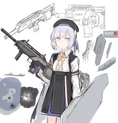  cape commentary female flat_chest girls&#039;_frontline gun hat highres holding long_sleeves rampart1028 shield shield_module short_hair shotgun six12 six12_(girls&#039;_frontline) solo weapon white_hair 