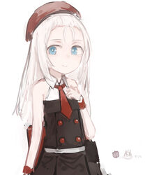  arm_up belt beret blue_eyes blush buttons closed_mouth collared_dress commentary_request dress female girls&#039;_frontline hand_on_own_chest hat highres long_hair looking_at_viewer mp5_(girls&#039;_frontline) necktie rampart1028 red_hat red_necktie red_wristband simple_background sleeveless sleeveless_dress smile solo upper_body white_background white_hair wristband 