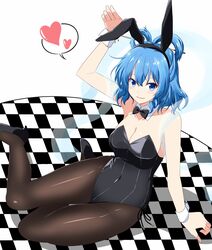  absurdres alternate_costume animal_ears arm_support black_pantyhose blue_eyes blue_hair board_game bow bowtie breasts card chess_piece cleavage covered_navel detached_collar fake_animal_ears female flag hagoromo heart highres kaku_seiga large_breasts leotard looking_at_viewer on_floor pantyhose parted_lips perspective playboy_bunny rabbit_ears rise_(rise19851203) shawl sitting smile solo spoken_heart tile_floor tiles touhou wrist_cuffs yokozuwari 