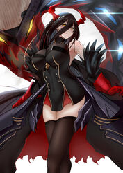  absurdly_long_hair absurdres azur_lane bare_shoulders black_dress black_hair breasts brown_thighhighs buttons double-breasted dress female friedrich_der_grosse_(azur_lane) from_below gloves gold_trim hair_between_eyes highres horns large_breasts long_hair looking_at_viewer looking_down mechanical_horns microdress non-humanoid_robot red_gloves red_horns rigging robot robot_dragon shaded_face simple_background skindentation slit_pupils solo standing taut_clothes taut_dress thighhighs thighs very_long_hair white_background yellow_eyes zettai_ryouiki zuishangxi 