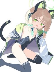  animal_ear_headphones animal_ears arm_support black_leotard black_thighhighs blonde_hair blue_archive bow breasts cat_ear_headphones cat_tail coat commentary covered_navel detached_collar fake_animal_ears fake_tail female green_bow green_eyes green_necktie hairbow half-closed_eyes halo headphones highleg highleg_leotard highres kneeling legs leotard long_sleeves looking_at_viewer mabera midori_(blue_archive) necktie no_shoes open_clothes open_coat seductive_smile short_hair simple_background small_breasts smile solo tail thighhighs thighs white_background white_coat 