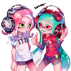  2girls aqua_hair arms_behind_back black_shorts blue_hair closed_mouth commentary hand_on_headphones headphones inkling inkling_(language) inkling_girl inkling_player_character long_hair long_sleeves looking_at_another multiple_girls octoling octoling_player_character open_mouth pink_eyes pink_hair red_shirt shirt short_hair short_shorts short_sleeves shorts simple_background smile splatoon_(series) splatoon_2 standing sweatdrop symbol-only_commentary tentacle_hair thumbs_up very_long_hair white_background white_shirt yellow_eyes yoshida_(ne) 