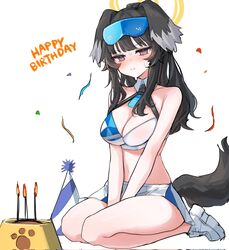  :i animal_ears between_legs black_hair blue_archive blush bowl breasts cheerleader cleavage confetti crop_top danbal dog_ears dog_girl dog_tail female halo hand_between_legs happy_birthday hat hibiki_(blue_archive) hibiki_(cheer_squad)_(blue_archive) highres long_hair medium_breasts millennium_cheerleader_outfit_(blue_archive) miniskirt party_hat pet_bowl pleated_skirt ponytail purple_eyes sitting skirt solo sweat tail white_background yellow_halo 