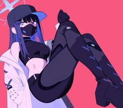  baseball_cap black_gloves black_hair black_hat black_mask black_pants blue_archive blue_eyes blue_hair breasts colored_inner_hair crop_top female gloves halo hat highres jacket long_hair looking_at_viewer mabera mask midriff mouth_mask multicolored_hair off_shoulder pants red_background saori_(blue_archive) simple_background solo white_jacket 