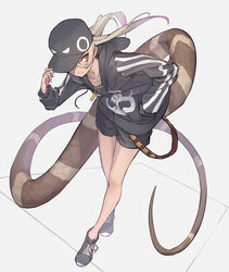  alternate_costume baseball_cap black_hat black_hoodie black_shorts blonde_hair casual dark-skinned_female dark_skin don3 female full_body gradient_hair hand_in_pocket hand_on_headwear hat hood hoodie kemono_friends king_cobra_(kemono_friends) leaning_forward long_hair long_sleeves long_tail multicolored_hair orange_eyes purple_hair shoes short_shorts shorts snake_tail sneakers solo striped_sleeves tail tan 