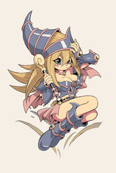  arm_up bare_shoulders blonde_hair blue_eyes blue_footwear blush blush_stickers boots breasts cleavage closed_mouth dark_magician_girl duel_monster eyes_visible_through_hair female fingernails floating grey_background hair_between_eyes hand_on_headwear hat highres holding holding_wand long_hair shiny_skin simple_background solo wand yu-gi-oh! yuta_agc 