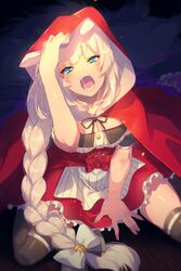  animal_ears black_ribbon blue_eyes blush bow braid braided_ponytail breasts buttons cleavage cloak commentary_request dress echo_(circa) fate/grand_order fate_(series) female grey_legwear hairbow hood hood_up hooded_cloak long_hair looking_at_viewer marie_antoinette_(fate) marie_antoinette_(festival_outfit)_(fate) medium_breasts neck_ribbon official_alternate_costume open_mouth red_cloak red_dress ribbon single_braid sitting thigh_strap thighhighs very_long_hair wariza white_bow white_hair wolf_ears 