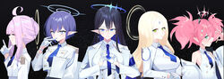  5girls absurdres ahoge aoi_(blue_archive) armband ayumu_(blue_archive) biting black_hair blonde_hair blue_archive blue_armband blue_hair blue_necktie blush braid braided_bun breasts cleavage_cutout clothing_cutout dress flat_chest forehead_jewel glasses glove_biting gloves hair_bun halo han_korehatsu highres kaya_(blue_archive) large_breasts long_hair looking_at_viewer medium_breasts mole mole_under_eye momoka_(blue_archive) multiple_girls necktie parted_bangs pink_hair pointy_ears purple_hair removing_glove rimless_eyewear rin_(blue_archive) shirt short_hair sidelocks single_hair_bun sleeveless sleeveless_shirt small_breasts straight_hair twintails upper_body white_dress white_gloves white_shirt 