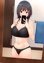  black_bra black_hair black_panties bra breasts cellphone cleavage commentary_request cowboy_shot door female highres holding kantai_collection large_breasts mirror navel paid_reward_available panties partial_commentary phone red_eyes selfie short_hair solo stomach tadokoro_nurikabe takao_(kancolle) towel underwear 