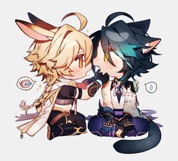  2boys aether_(genshin_impact) ahoge animal_ear_fluff animal_ears arm_tattoo bead_necklace beads black_gloves black_hair blonde_hair blue_gloves blue_hair blush braid cat_boy cat_ears cat_tail chibi coojisan facial_mark fangs forehead_mark from_side genshin_impact gloves gradient_hair grey_background highres jewelry long_hair male_focus multicolored_hair multiple_boys necklace open_mouth orange_eyes pants profile rabbit_boy rabbit_ears short_sleeves simple_background single_braid sitting sweat tail tattoo xiao_(genshin_impact) yaoi 