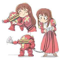  :o ^_^ brown_eyes brown_hair chibi closed_eyes controller dress erica_fontaine female hair_behind_ear hand_fan holding holding_controller holding_fan hug juliet_sleeves koubu leaning_to_the_side long_hair long_sleeves looking_down mecha open_mouth puffy_sleeves red_dress robot sakura_taisen sakura_taisen_iii smile tsubobot 