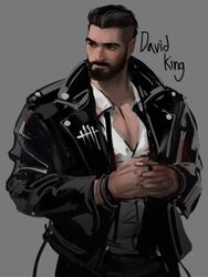  1boy bara beard black_eyes black_hair blood blood_on_clothes bracelet collared_jacket collared_shirt david_king_(dead_by_daylight) dead_by_daylight dopey_(dopq) facial_hair highres jacket jewelry leather leather_jacket looking_to_the_side male_focus mature_male muscular muscular_male open_clothes open_jacket own_hands_together pectoral_cleavage pectorals ring scar scar_across_eye shirt short_hair solo thick_eyebrows undercut upper_body very_short_hair 