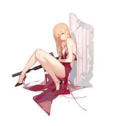  against_pillar against_wall ask_(askzy) ass assault_rifle bare_legs bare_shoulders blonde_hair braid breasts cleavage closed_mouth colored_shoe_soles damaged defeat dress earrings female from_side full_body girls&#039;_frontline gun halterneck high_heels holding holding_gun holding_weapon jewelry long_hair looking_at_viewer official_alternate_costume official_art ots-14_(girls&#039;_frontline) ots-14_(ruler_of_the_banquet)_(girls&#039;_frontline) parted_lips pillar red_dress rifle small_breasts solo torn_clothes torn_dress transparent_background weapon yellow_eyes 