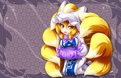  9_tails abstract_background animal_humanoid big_breasts blonde_hair breasts canid canid_humanoid canine canine_humanoid clothed clothing dipstick_tail eyelashes female fluffy fluffy_tail fox_humanoid fully_clothed fur hair hat headgear headwear hi_res humanoid kazami_karasu kneeling light_body light_skin looking_at_viewer mammal mammal_humanoid markings monotone_hair multi_tail multicolored_tail open_mouth open_smile ran_yakumo smile solo tail tail_markings touhou yellow_body yellow_eyes yellow_fur 