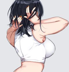  back bare_shoulders black_hair breasts colored_inner_hair crop_top female from_behind grey_background grey_hair hands_in_hair highres indie_virtual_youtuber large_breasts medium_hair midriff multicolored_hair orange_nails shirasu_(mashiro_(rikuya)) shirasu_uni shirt solo upper_body virtual_youtuber white_shirt 