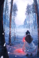  black_hair brown_footwear commentary dress female fjsmu forest from_behind hat highres holding holding_lantern lantern nature outdoors paper_lantern red_hat shameimaru_aya short_hair snowing solo standing tokin_hat touhou white_dress winter 