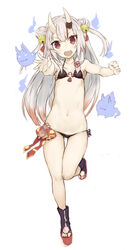  absurdres bikini breasts commentary_request double_bun female full_body ghost gradient_hair grey_hair hair_between_eyes hair_bun halterneck highres hololive horns karma_(nakiri_ayame) long_hair lowleg micro_bikini multicolored_hair nakiri_ayame nakiri_ayame_(1st_costume) navel oerba_yun_fang open_mouth outstretched_arm platform_footwear red_eyes red_hair ryo_(tg290) shiranui_(nakiri_ayame) side-tie_bikini_bottom simple_background skin-covered_horns skin_fang small_breasts solo standing standing_on_one_leg stomach streaked_hair swimsuit toeless_footwear two-tone_hair very_long_hair virtual_youtuber white_background 